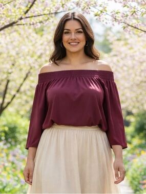 NEW WALTER BAKER Burgundy Smocked On or Off Shoulder w Bell Sleeves Boho Top  3X